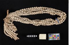 Foto (Übersicht mit Etikett) von Knochenflöte mit Kauri-schnüren (NHMW-ZOO-MO-0081100-ETH-131)